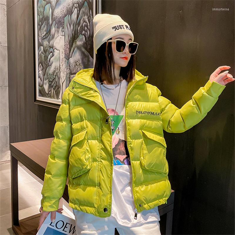 

Women's Trench Coats Candy Color Women Hooded Short Down Cotton-padded Coat 2022 Winter Loose Letter Print Casual Long Sleeve Female Cotton, Pink