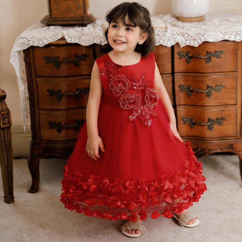 

Girl Dresses Red Handmade Flowers Dress For Kids Birthday Princess Party Clothing Toddler Infant Children Clothes 2022, N2105-coffee