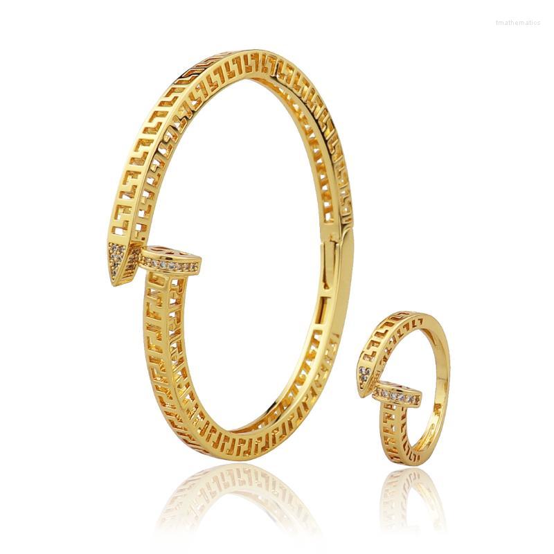

Necklace Earrings Set & Classic Fashion Gold Hollow Bracelet With Open Ring Dubai European Party Ball Girl Gift B1360Earrings, Picture shown