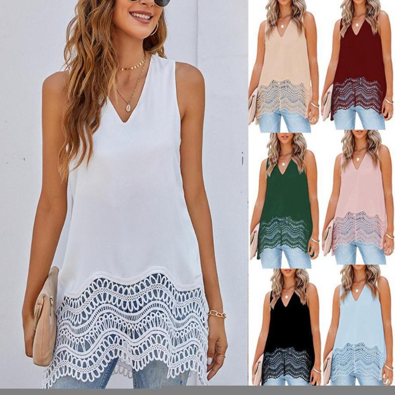 

Women' T Shirts Women Chiffon Lace Sleeveless Top For Summer V-Neck Tank Tops Sexy, White