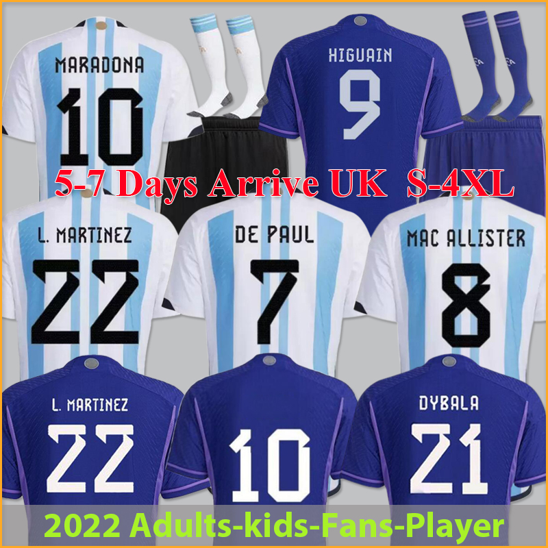 

2022 Argentina soccer jersey MESSIS DYBALA MAC ALLISTER DI MARIA MARTINEZ DE PAUL MARADONA child kids kit Men women Player version football shirt uniform, 2022 home kit socks