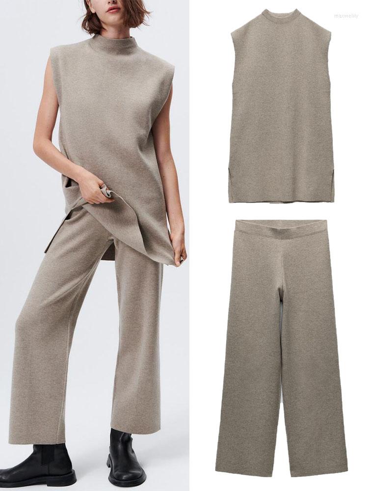 

Women' Two Piece Pants Autumn And Winter Women' Texture Sleeveless Side Slit Sweater Temperament High-waist Casual Knitted, Knitting