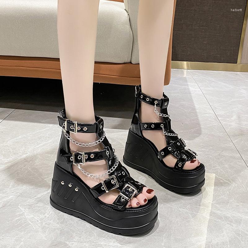 

Sandals Drop 2022 Wedges Rome Gladiator Peep Toe Women Shoes Gothic Creepers High Heels Ladies Plus Size 41 42 43, Light black