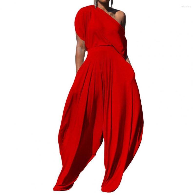 

Women' Two Piece Pants 2 Pcs/Set Fabulous Blouse Suit One Shoulder Elastic Waist Trousers Casual Pure Color Lady Outfit Set, Black