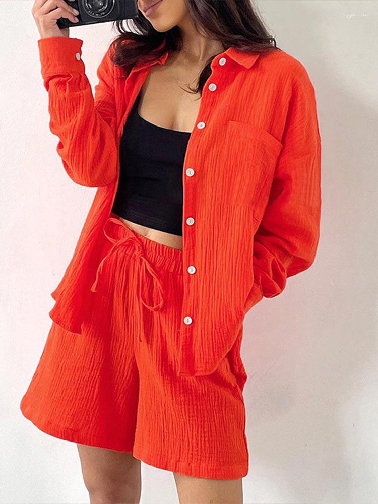 

Women' Tracksuits Causal Fashion Orange 2 Piece Sets Women Long Sleeve Button Up Shirt Top Lace Shorts Suits Loose Female Summer Outfits