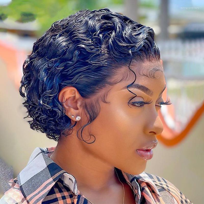 

Short Bob Wig Pixie Cut Curly Human Hair Wigs For Black Women Deep Lace 13x1 T Part Transparent, Picture shown