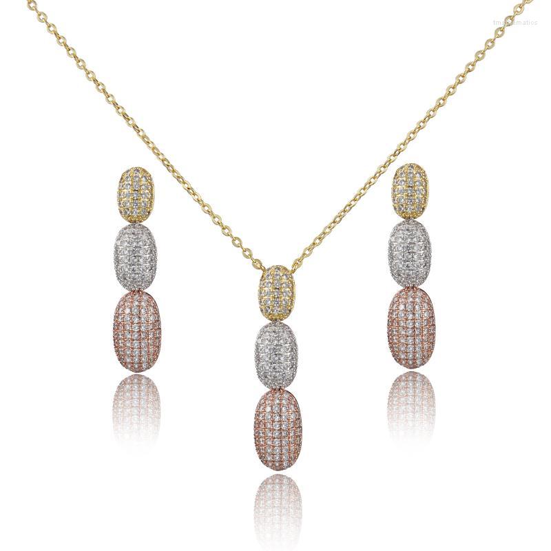 

Necklace Earrings Set & Fashion Classic Three Color Hemispherical Shape Copper Full Zircon And Earring Jewelry B1344Earrings, Picture shown