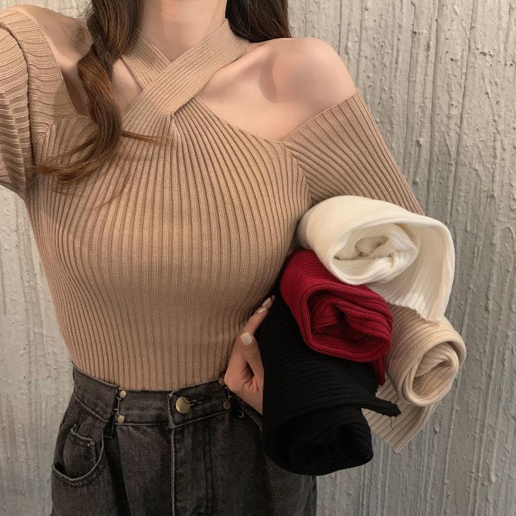 

Women's Sweaters Woman Pullover One-Word Cross-Halterneck Knitwear Top For Women Tight Sweater Femme Chandails, White