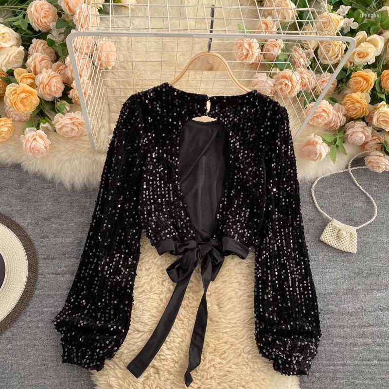 

Women's Blouses Celebrity Temperament Blouse Female Autumn Design Niche Sense Of Scheming Hollow Halter Straps Waist Short GX1041, Black