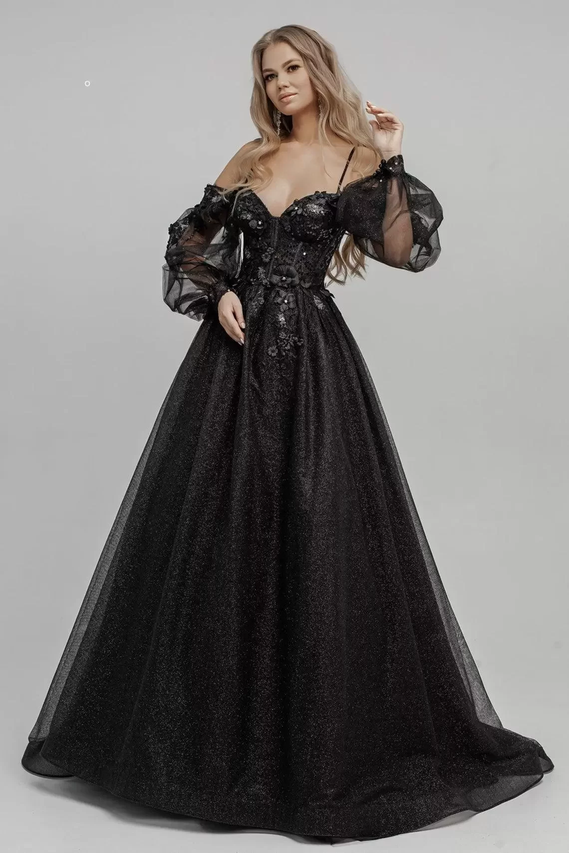 

Black Gothic Wedding Dresses Gowns Off the Shoulder Long Sleeves Sequins Tulle Sparkle Goth Bridal Robes, Beige