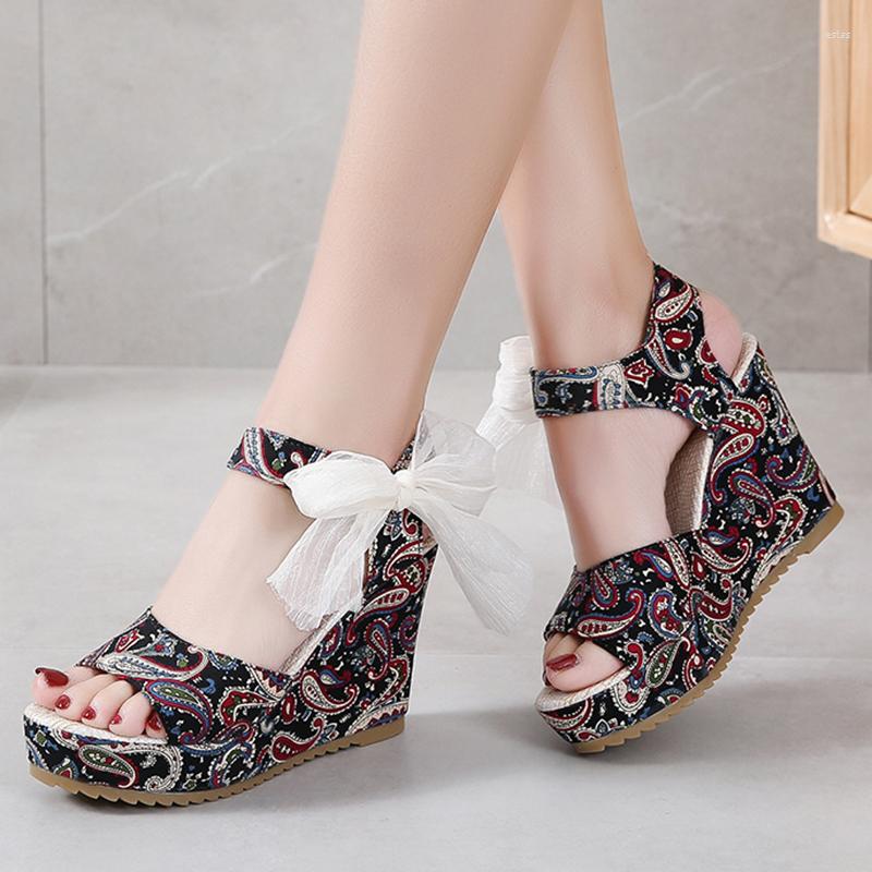 

Sandals Lucyever Print Bowknot Wedges Women 2022 Summer Fashion Ribbon Ankle Strap Shoes Woman Non-slip Platform Sandalias Mujer, Green