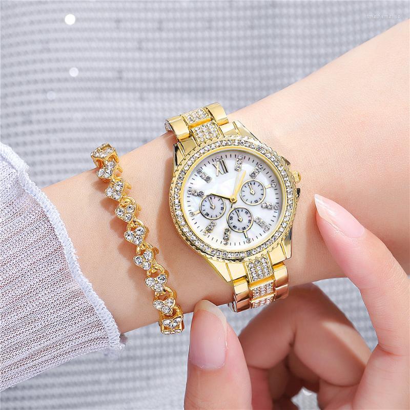 

Wristwatches Women Rhinestone Watch 2022 Fashion 3-Eye Golden Stainless Steel Bracelet Quartz Clock Ladies Dress WristwatchWristwatches Wris