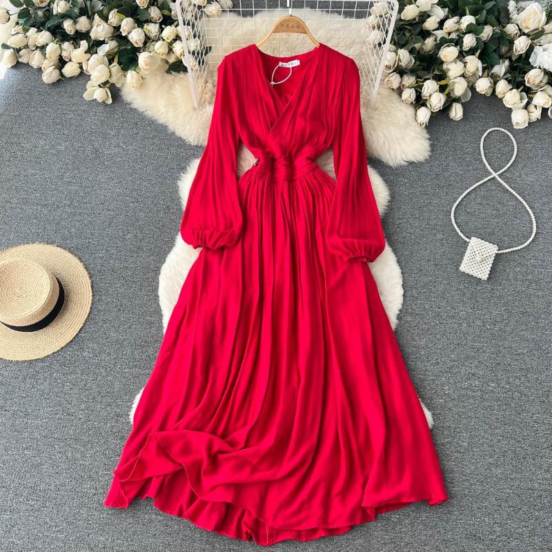 

Casual Dresses Aibeautyer Vintage Spring Autumn Solid Slim Full Dress A Line V Neck Puff Sleeve Chiffon Pullover Mid-Calf Women, Red
