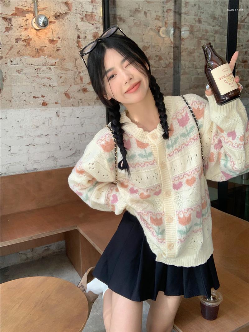 

Women's Knits Cardigan Femme Knitted Korean Style Floral Tops Fashion Sweater Women Autumn Coats, Apricot