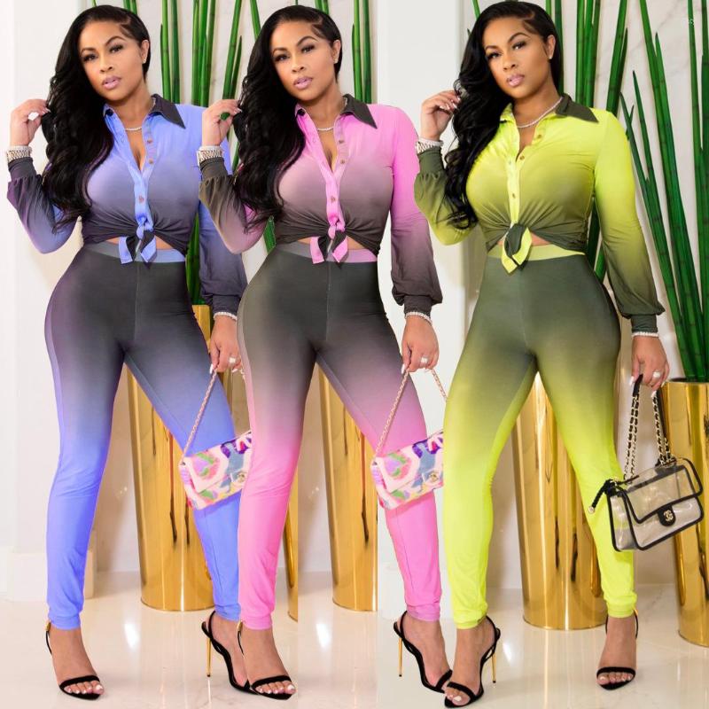 

Women' Two Piece Pants 2022 Women Sets Summer Tracksuits Gradient Print Sportswear Button Tops Suit Set Streetwear 2 Pcs Sexy Outfits, Blue