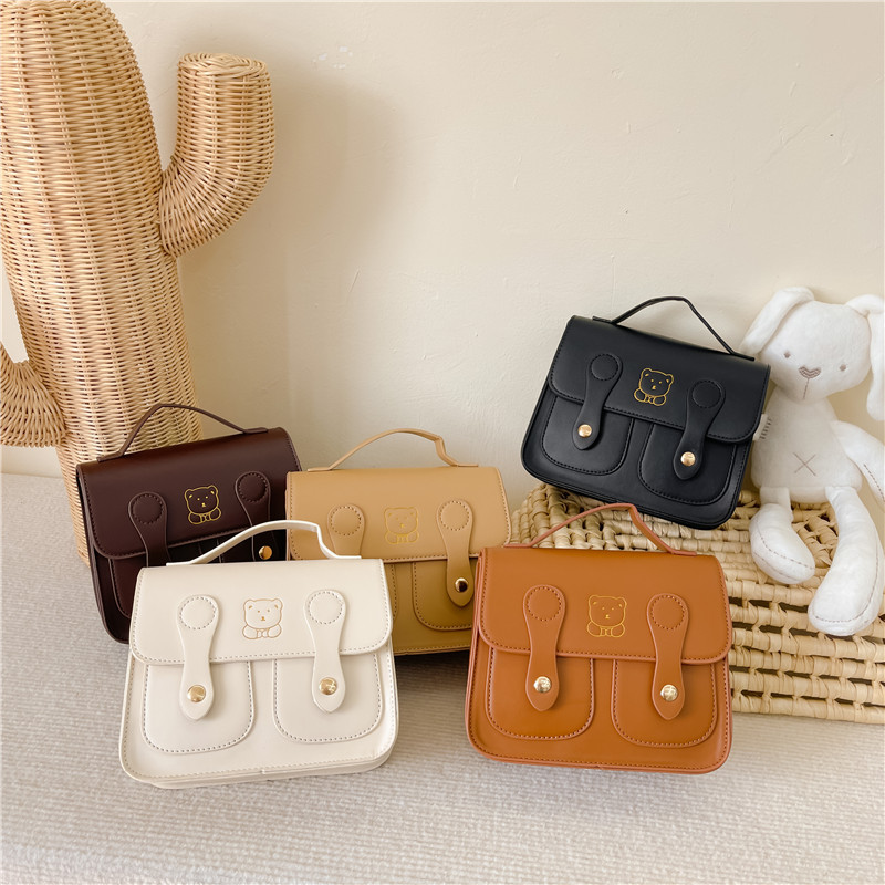 

Luxury children cartoon backpacks boys girls cute bear embroidered double shouler school bag fashion kids PU leather backpack Q9018, Coffee