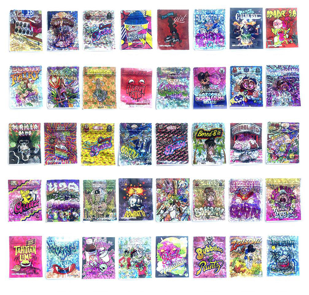 

80 designs regular strains 3.5g mylar bag smell proof packages Jet fuel glue Marathon og Ice cream wedding cake packaging