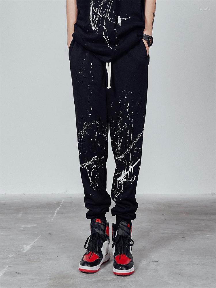 

Men's Pants 22 Men Cotton High Street Style Print Washed Splash Painting Elastic Waist Drawstring Male Tide Ankle-length Pencil, Black