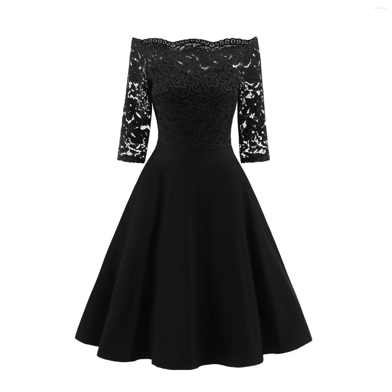 

Casual Dresses Women Elegant Lace Dress Half Sleeve Off Shoulder Wedding Party Costume Solid Knee-Length Evening Prom Vestidos, Red