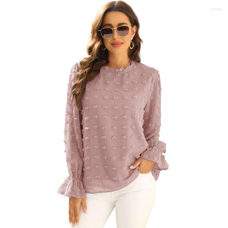 

Women' T Shirts Fashion 2022 Spring And Summer Chiffon Jacquard Hair Ball Lotus Leaf Collar Sweet Long-sleeved Straight Top Women, White