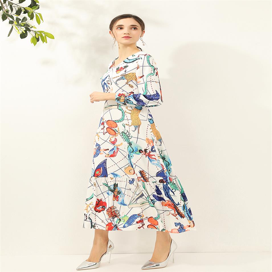

Women' Runway Dresses Sexy V Neck Long Sleeves Cartoons Printed Ruffles Elegant Casual High Street Dress3220, Multi