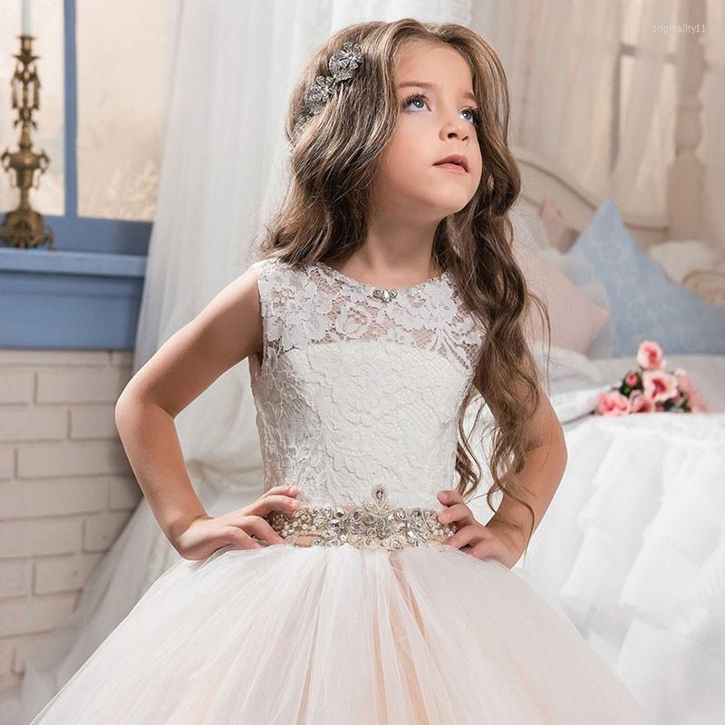 

Girl Dresses Lace Sleeveless Flower Dress Floor Length Elegant Pagent With Embroidery Kids'party Princess Vestido, Champagne