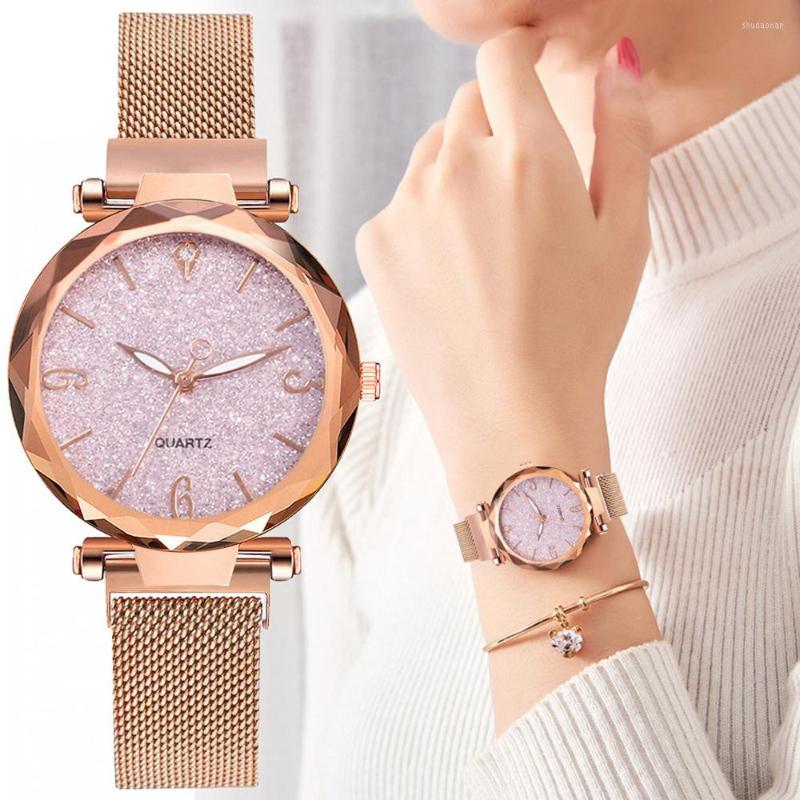 

Wristwatches Rose Gold Women Watch 2022 Top Magnetic Starry Sky Lady Wrist Mesh Female Clock For Dropship Relogio Feminino, Gray