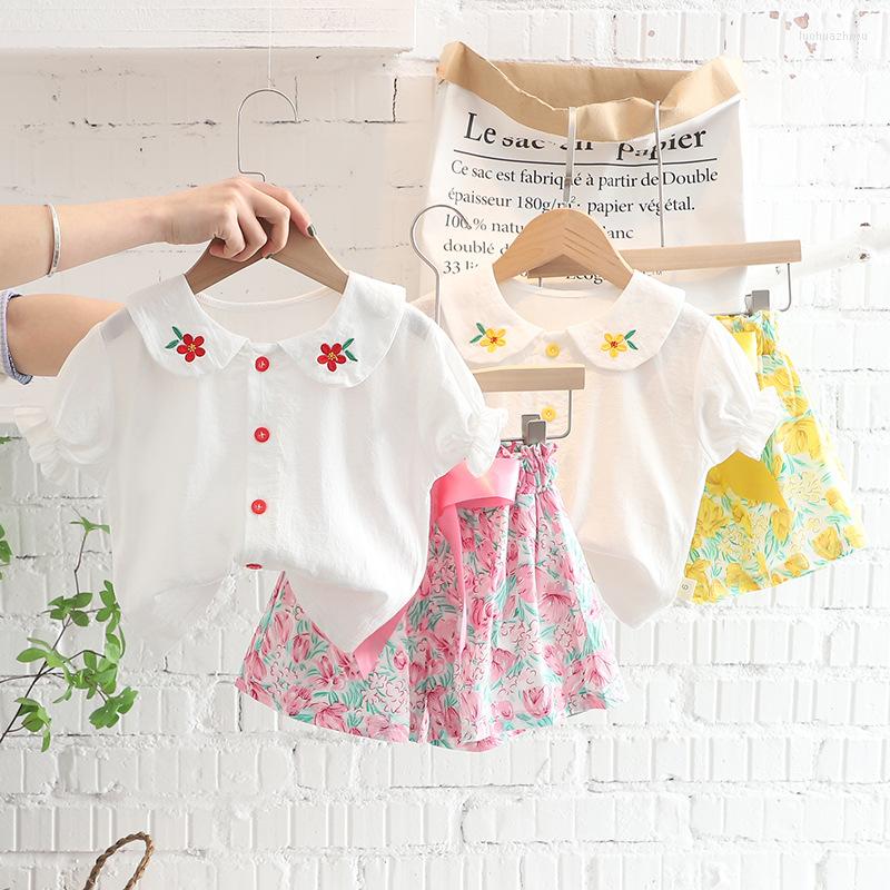 

Clothing Sets Summer Children's Short Sleeve Lapel Collar Shirt Tops Floral Print Pants Princess Party Girls Kids 2Pcs Suit, Pink
