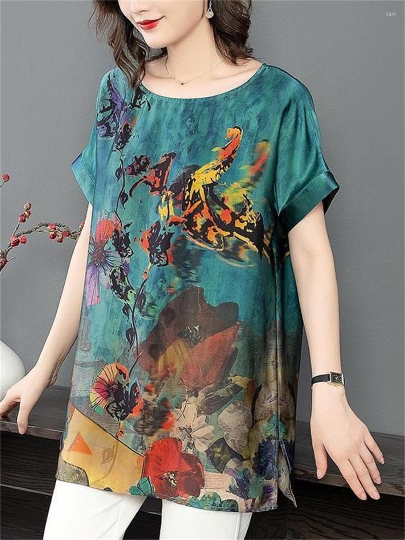 

Women's Blouses 4XL Loose Women Spring Summer Shirts Lady Fashion Casual Short Sleeve O-Neck Colla Flower Printing Blusas Tops2054, Green