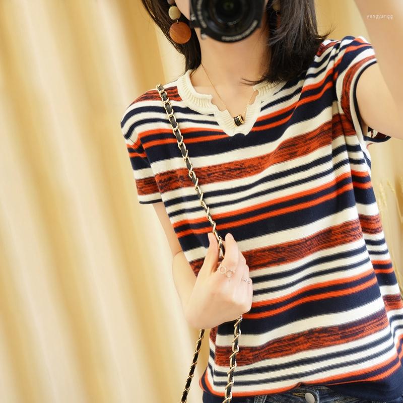 

Women' T Shirts Korean Women' Spring And Autumn Loose Cotton Stripe Fashion Thin Knitted Top Shirt, Blue