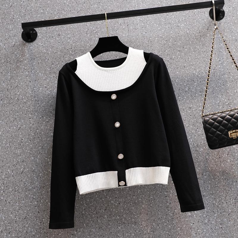

Women's Sweaters 4XL Plus Size Women Autumn Winter Thick Kintting Sweater Pullover 2022 Sexy Office Shoulder Button Fake Two-piece, Black