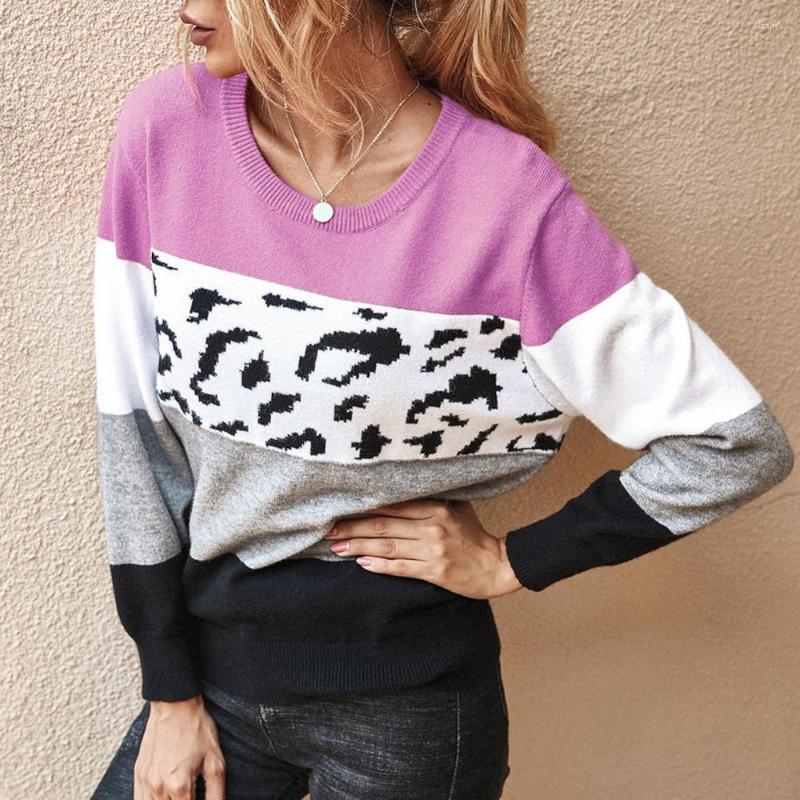 

Women' Sweaters Ele-Choices Women Casual Long Sleeve Knitted Sweater Leopard Print Color Block Pullover Top, Black