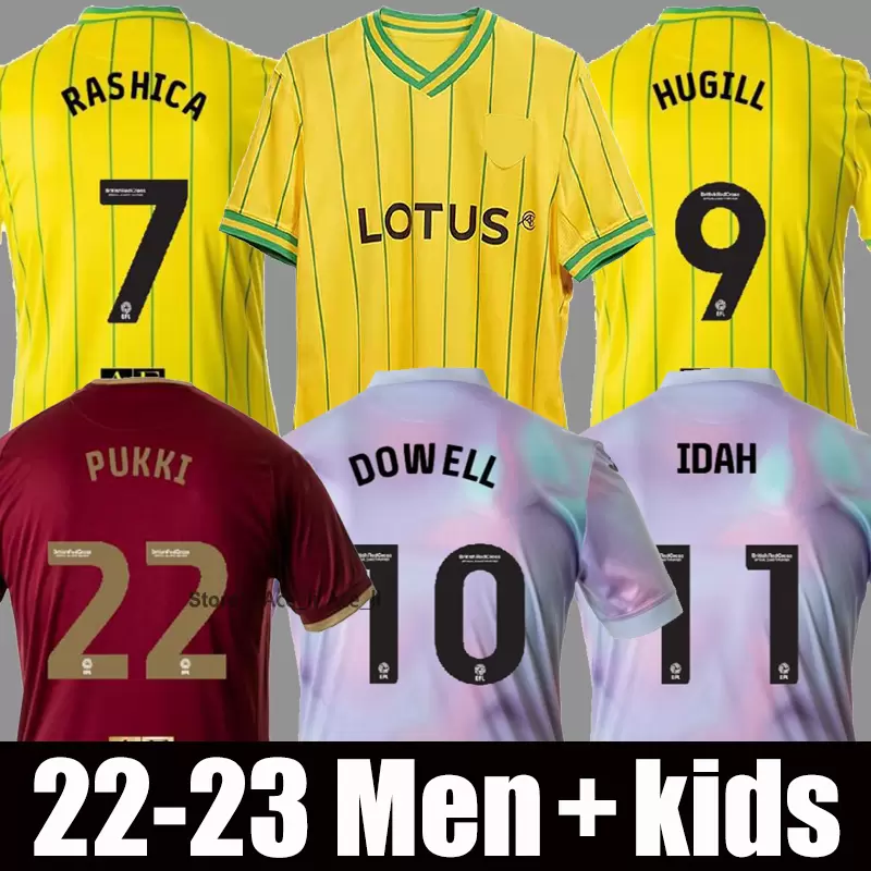 

22 23 Norwich PUKKI Soccer Jerseys City 2022 2023 HUGILL RASHICA MCLEAN DOWELL BUENDIA TZOLIS SARGENT home yellow away red third men kids baby kit foo n56j#, 22-23 home