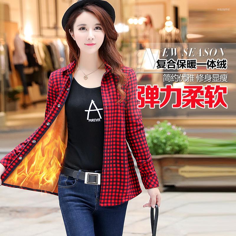 

Women's Blouses Winter Women Shirt Blouse Velvet Thickened Plaid Shirts Women's Body Stretch Plus Size Warm Top Fashion Tops, Aaaa-9