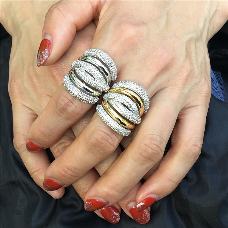 

Wedding Rings Handmade Big Across Ring Mirco Pave Cz Stone Gold Silver Color Party Band For Women Men Finger Jewelry Gift