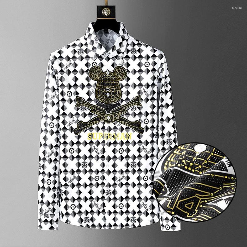 

Men's Casual Shirts Bear Print Rhinestone Shirt For Men Long Sleeve 2022 Fall Business Dress Social Party Tuxedo Chemise Homme 3colours, Black