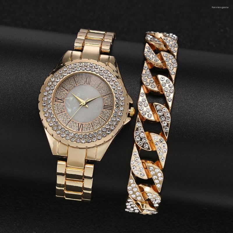 

Wristwatches 2PCS 2022 Luxury Rhinestone Watches Set Women Crystal Quartz Bracelet Gold Ladies Dress Wristwatch Clock Relogios