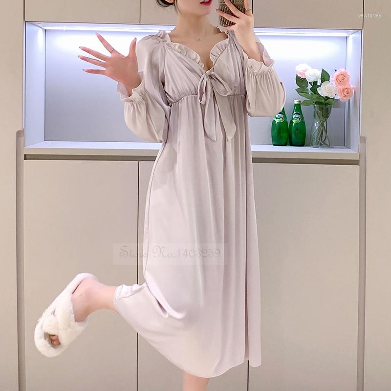 

Women's Sleepwear Sweet Court Style Princess Nightdress Spring Summer Female Long Nightgown Nightwear Casual Thin Satin Home Dress, White f