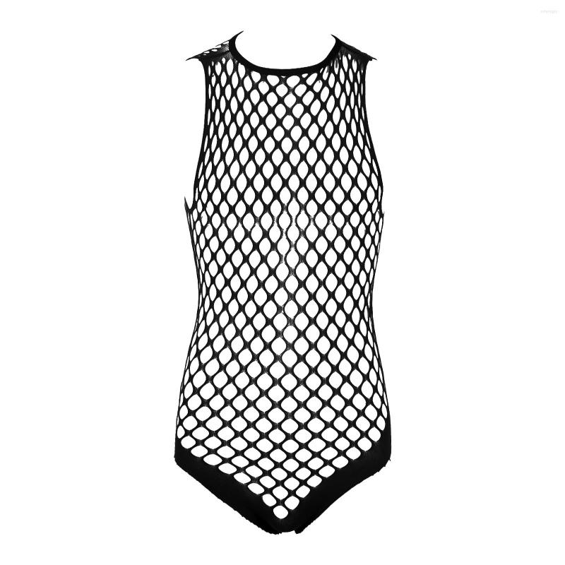 

Men's G Strings Men Sexy Underwear Hollow Out Netted Bodystockings Halter Neck Sleeveless See-through Fishnet Stretchy Bodysuits Nightwear, Black