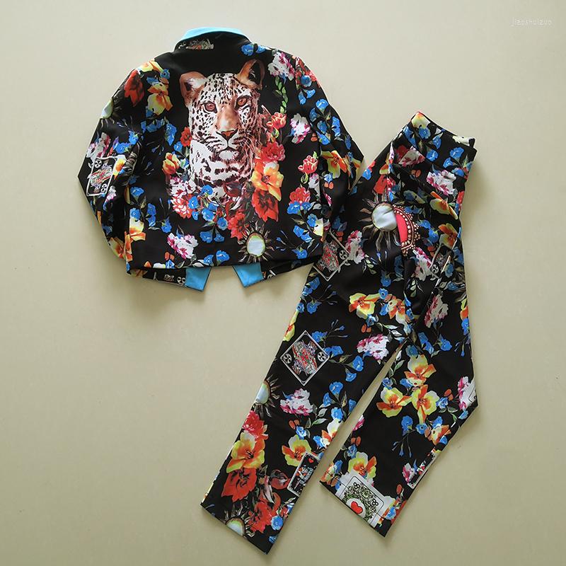 

Women' Two Piece Pants Fashion 2 Pieces Runway Designer Poker Flower Print Blazer Full-Lenght Elegant Office Ladies Sets, Picture shown