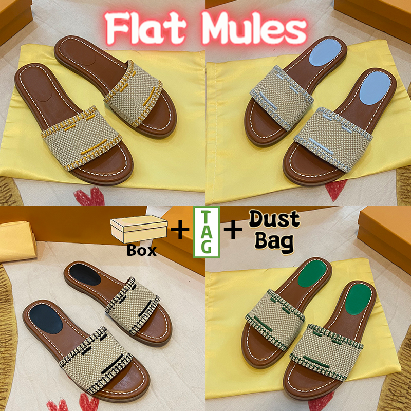 

Luxury Raffia embroidered slippers beach flat mules sandals pine green brown red sky blue black pink gold fuchsia fashion men women slides with box, Double shoe box