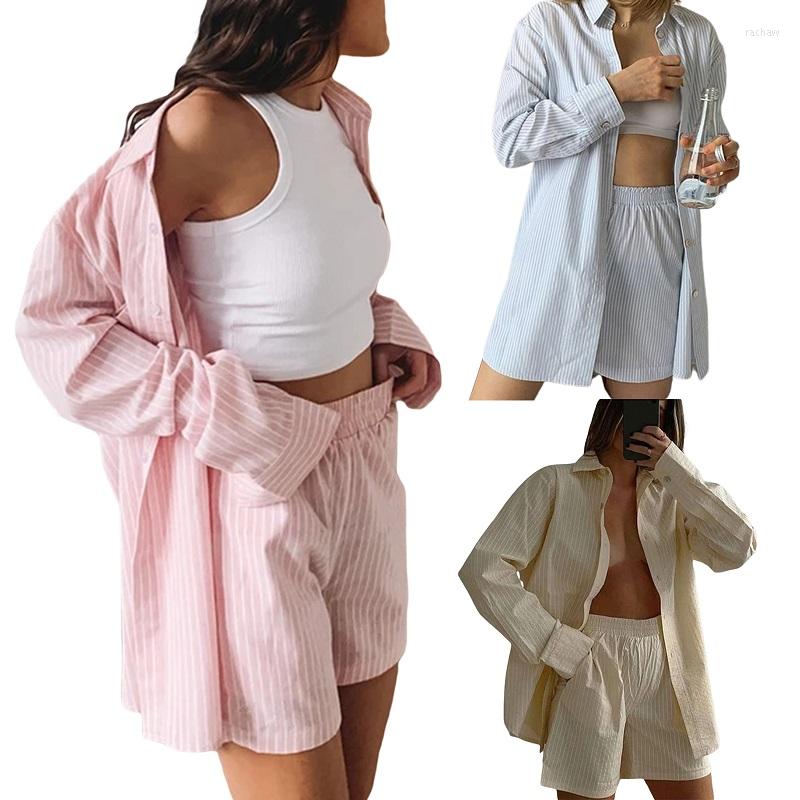 

Women' Tracksuits 2022 Woman Girls Striped Mathcing Clothing Set Long Sleeve Shirt Tops High Waist Shorts Pant 2PCS Short Sets, Pink