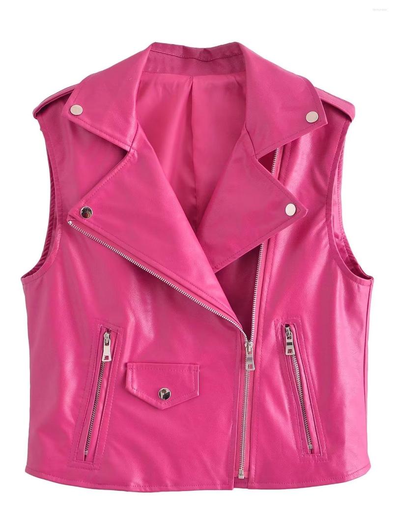 

Women's Leather 2023 Women Motorcycle PU Fake Sleeveless Jackets Ladies Turn-down Collar Coat Zipper Vest Pockets Waistcoat Pink Color, 67569g pink