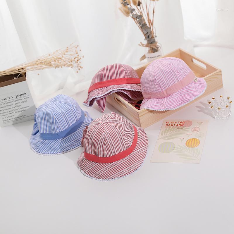 

Hats 2022 Design Soft Children Plaid Lace Cotton Fisherman's Hat Cap Kids Little Girls Sun-Resistant Bucket, No.4