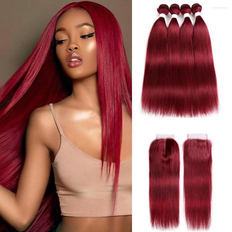 

Human Hair Bulks 99J/Burgundy Bundles With Closure 4x4 Red Color Brazilian Straight Weave Non-Remy SOKU