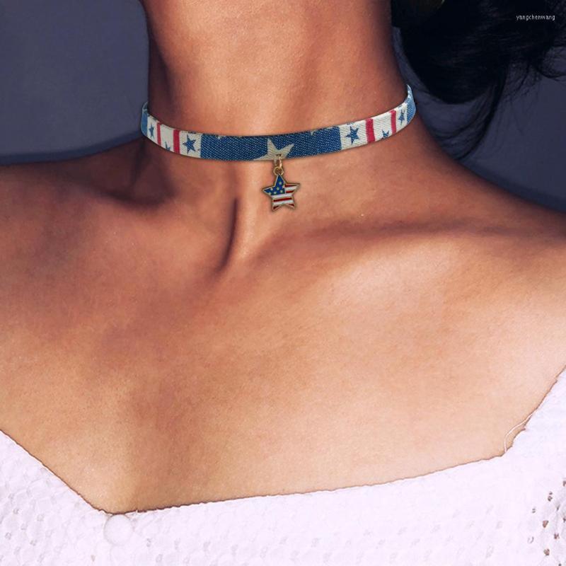 

Choker Women Star Charm Necklace Clavicle For Independence Day Demin Jewelry National Flag Pendant Bijoux