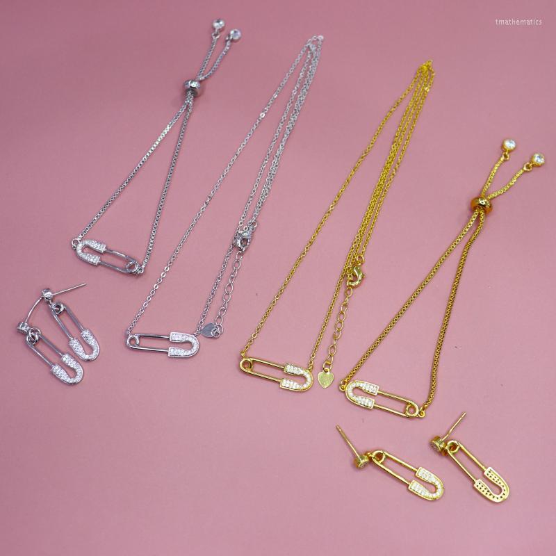 

Necklace Earrings Set & Classic Fashion Pin Shape Copper Zircon Bracelet Jewelry Engagement Girl Gift S1497Earrings, Picture shown