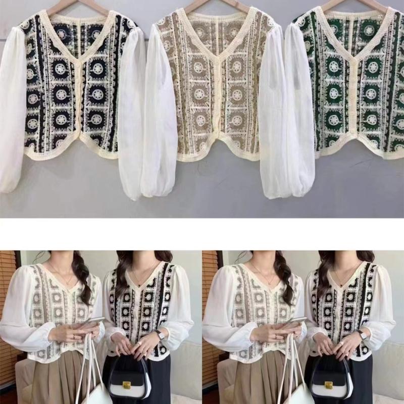 

Women's Blouses Women Cardigan Tops Korean Style Hollow Out Knitted Shirt Sexy V- Neck Crop Long Puff Sleeve Retro Crochet Blouse, Green
