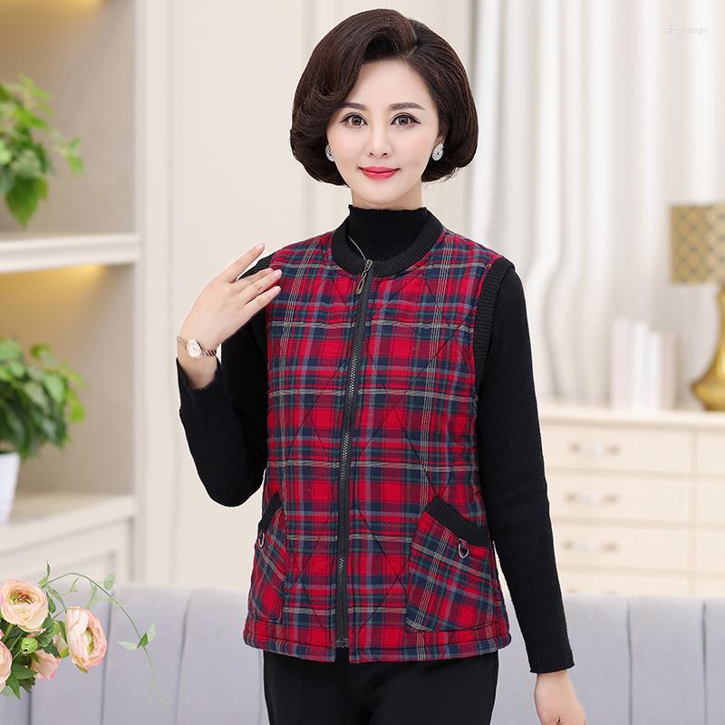 

Women's Vests Plaid Cotton Vest Women Winter Warm Sleeveless Jacket Coat Middle Age Mother 2022 Autumn Clothing Zipper Waistcoat Outerwear, Red