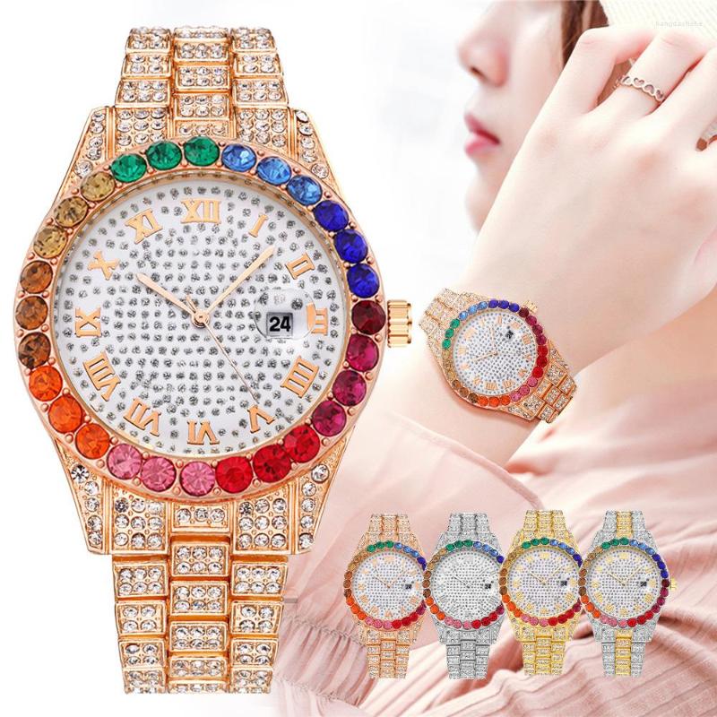 

Wristwatches Colorful Full Diamond Calendar Fashion Women's Watch Roman Dial Scale Quartz Factory Direct Supply Quick Delivery, Golden